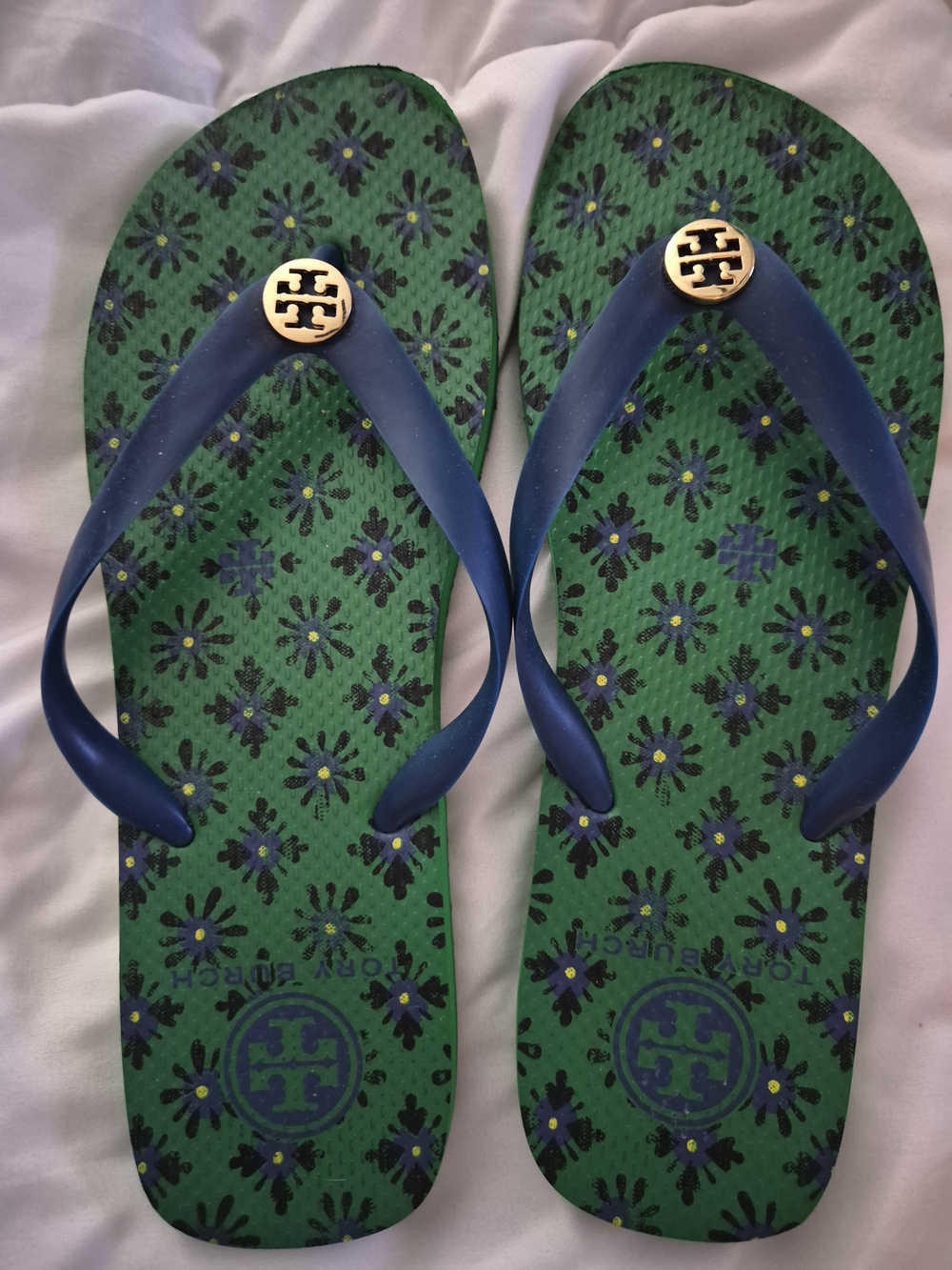 Tory Burch Green Floral Flip Flop Sandals with Blue Straps and Gold Logo